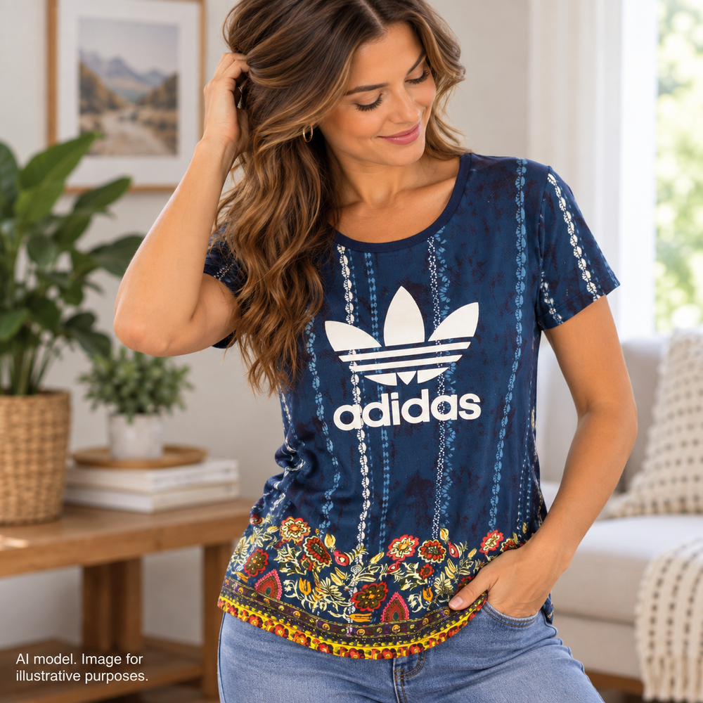 Adidas Farm Rio Shirt Women Small Blue Chalk Stripe Colorful Floral Hem Rare